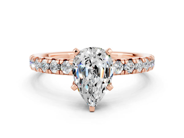 Rose gold Pear Cut Moissanite Solitaire Pavé Engagement Ring with Round Band and Prong Setting