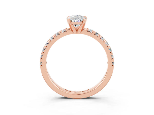 Rose gold Pear Cut Moissanite Solitaire Pavé Engagement Ring with Round Band and Prong Setting