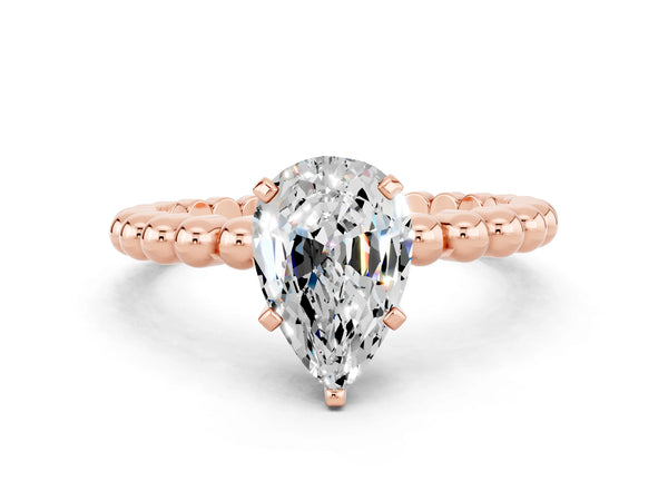 Rose gold Pear Cut Moissanite Solitaire Ring with Beaded Band and Prong Setting