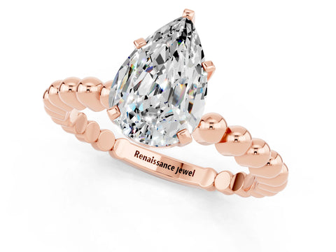 Rose gold Pear Cut Moissanite Solitaire Ring with Beaded Band and Prong Setting_1