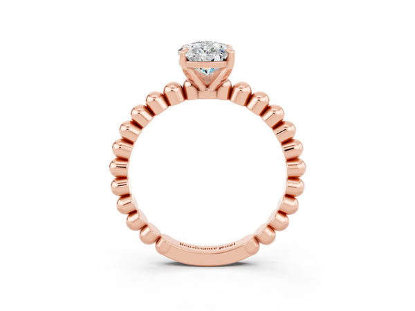 Rose gold Pear Cut Moissanite Solitaire Ring with Beaded Band and Prong Setting