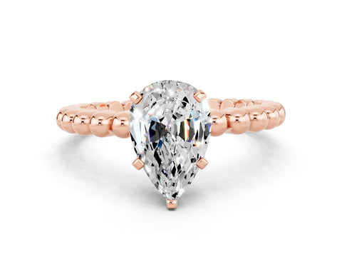 Rose gold Pear Cut Moissanite Solitaire Ring with Beaded Band and Prong Setting