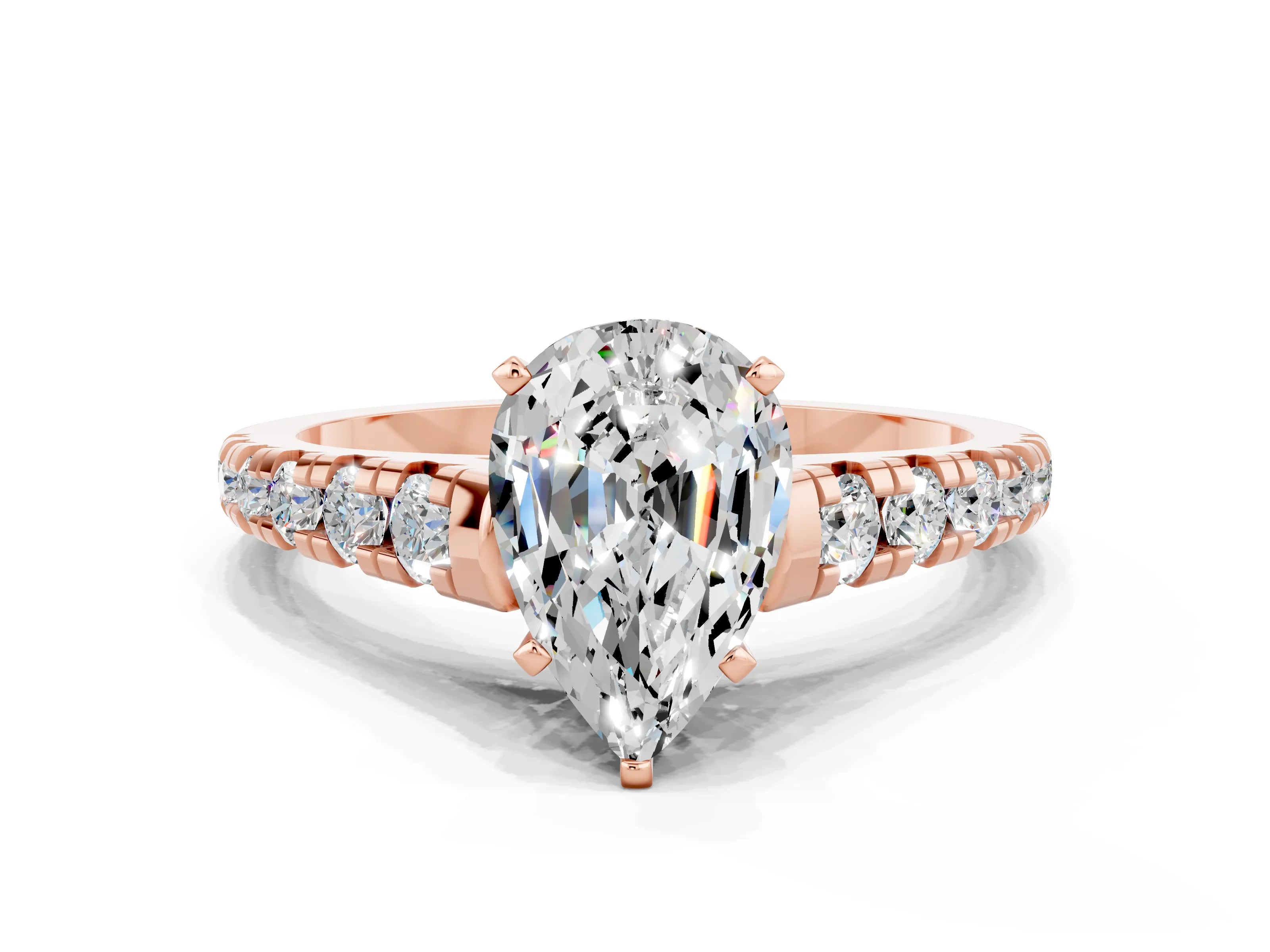 Rose gold Pear Cut Moissanite Solitaire Ring with Cathedral Setting and Pavé Band