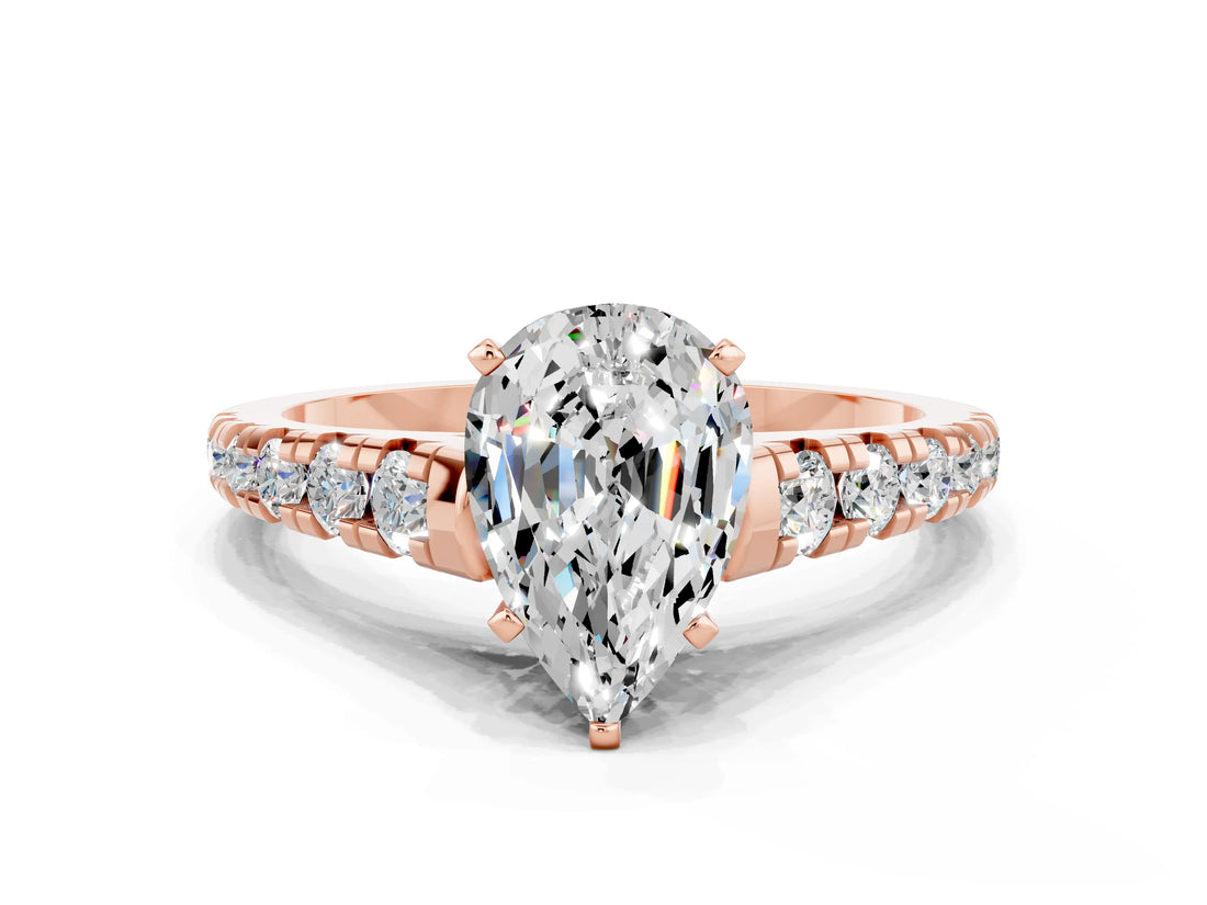 Rose gold Pear Cut Moissanite Solitaire Ring with Cathedral Setting and Pavé Band