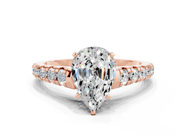 Rose gold Pear Cut Moissanite Cathedral Solitaire Ring with Round  Pavé Band
