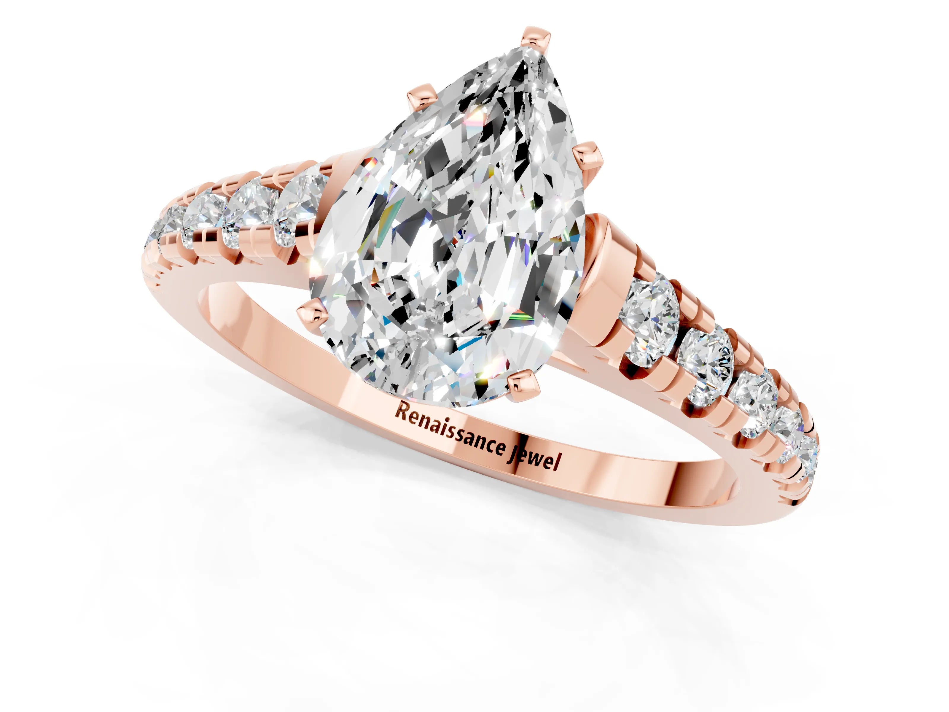 Rose gold Pear Cut Moissanite Solitaire Ring with Cathedral Setting and Pavé Band_1