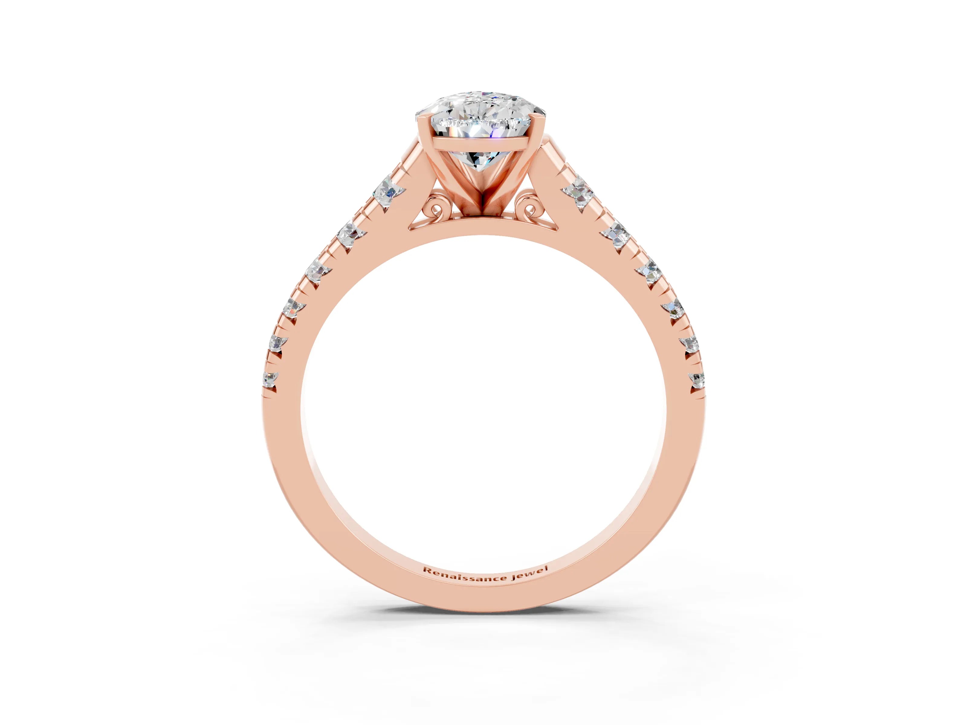 Rose gold Pear Cut Moissanite Solitaire Ring with Cathedral Setting and Pavé Band_3