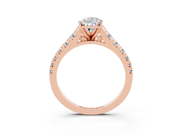 Rose gold Pear Cut Moissanite Cathedral Solitaire Ring with Round  Pavé Band
