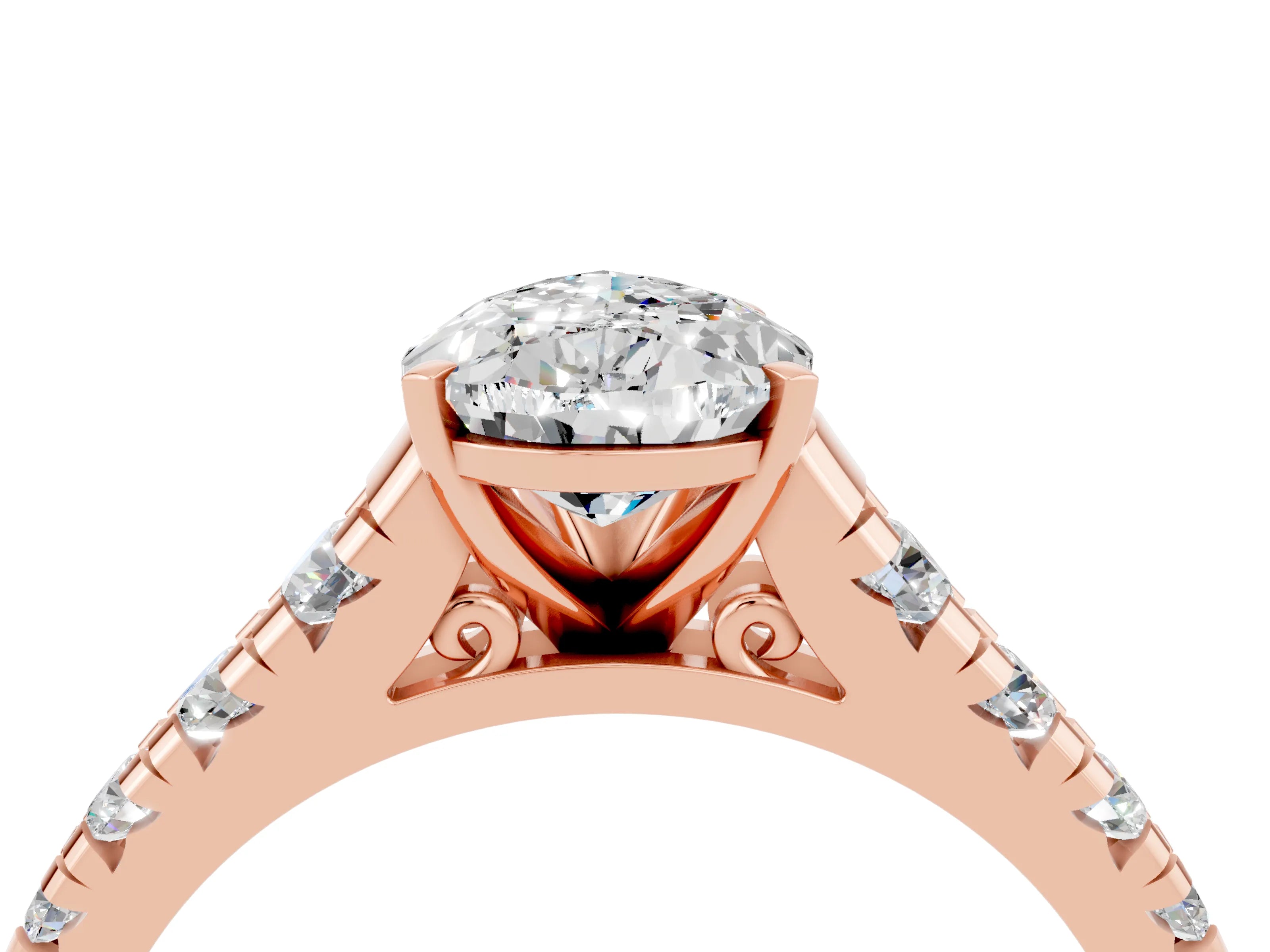 Rose gold Pear Cut Moissanite Solitaire Ring with Cathedral Setting and Pavé Band_4