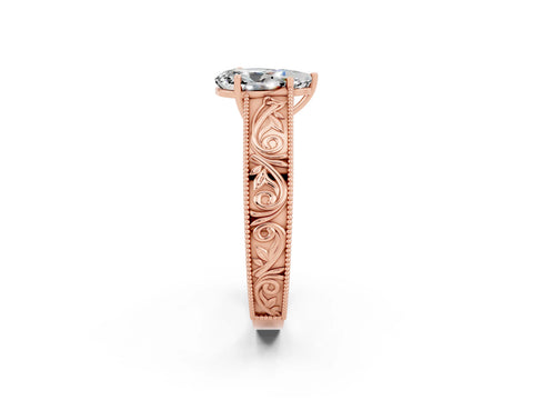 Rose gold Pear Cut Moissanite Solitaire Ring with Engraved Band and Four-Prong Setting_2