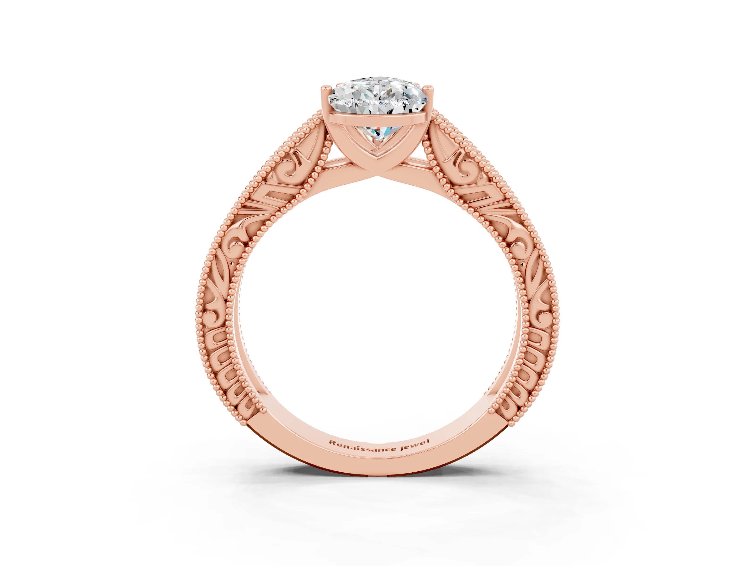 Rose gold Pear Cut Moissanite Solitaire Ring with Engraved Band and Four-Prong Setting_3