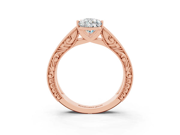 Rose gold Pear Cut Moissanite Solitaire Ring with Engraved Band and Four-Prong Setting