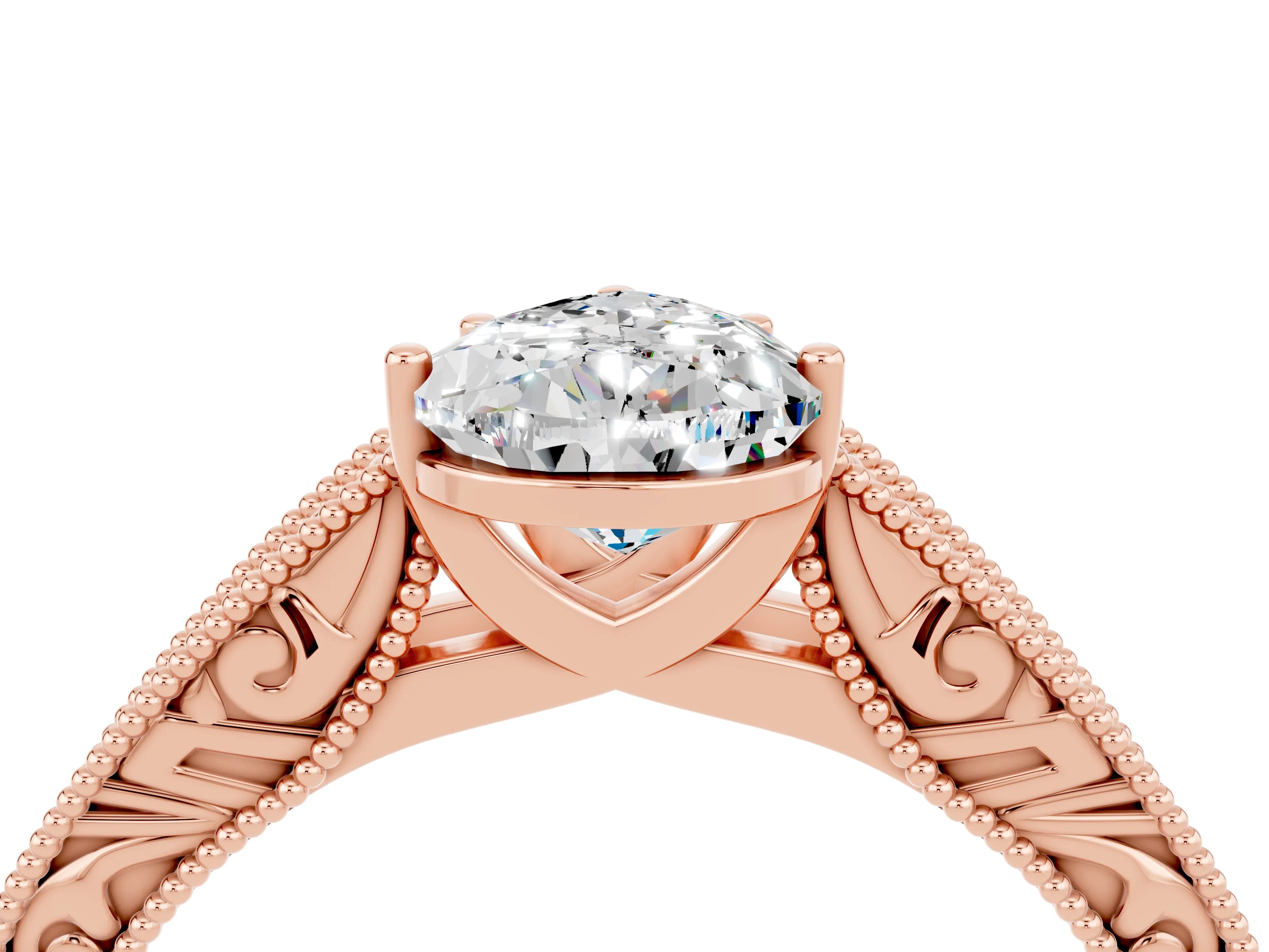 Rose gold Pear Cut Moissanite Solitaire Ring with Engraved Band and Four-Prong Setting_4