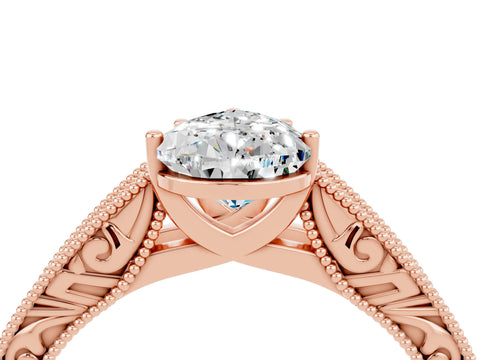 Rose gold Pear Cut Moissanite Solitaire Ring with Engraved Band and Four-Prong Setting_4