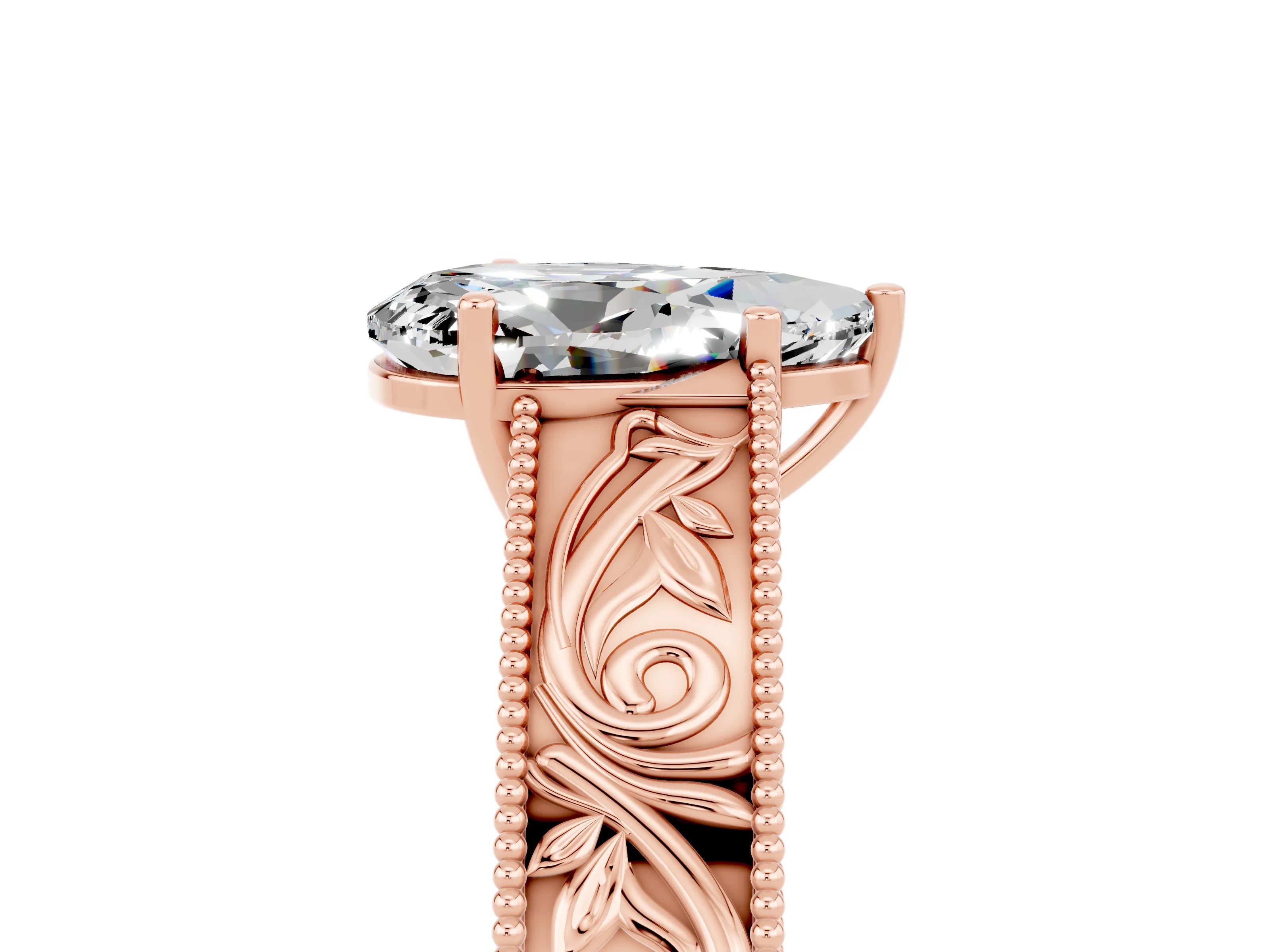 Rose gold Pear Cut Moissanite Solitaire Ring with Engraved Band and Four-Prong Setting_5