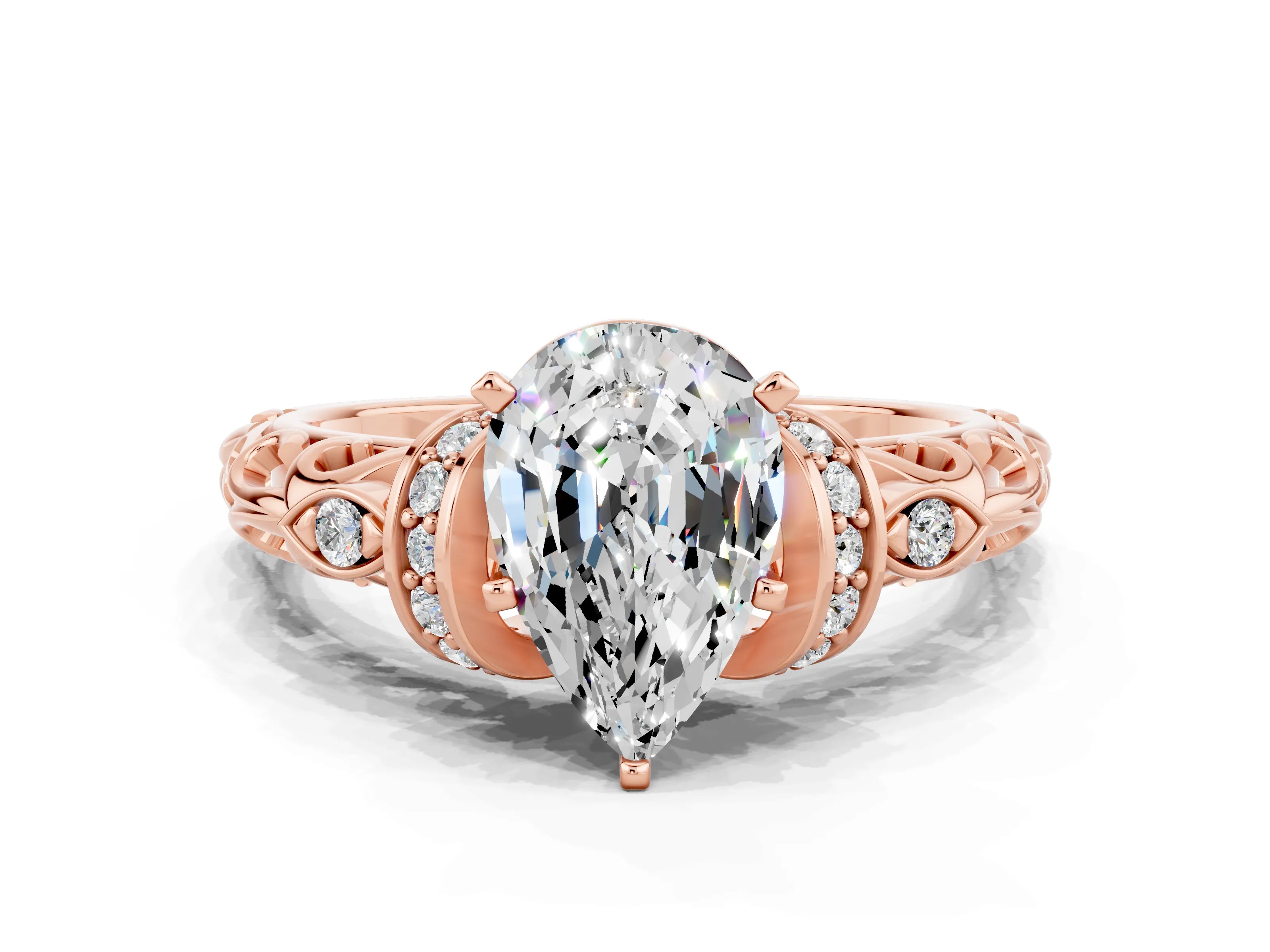 Rose gold Pear Cut Moissanite Solitaire Ring with Filigree Band and Four-Prong Setting_24