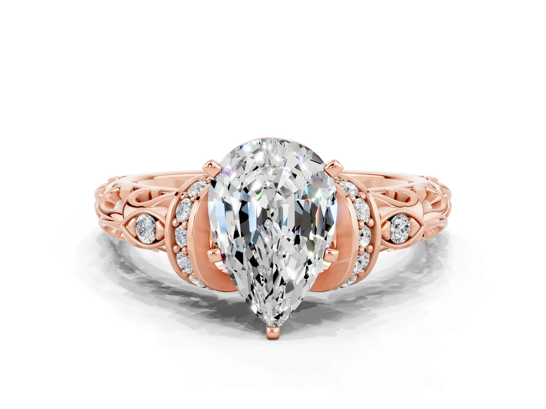Rose gold Pear Cut Moissanite Solitaire Ring with Filigree Band and Four-Prong Setting_24
