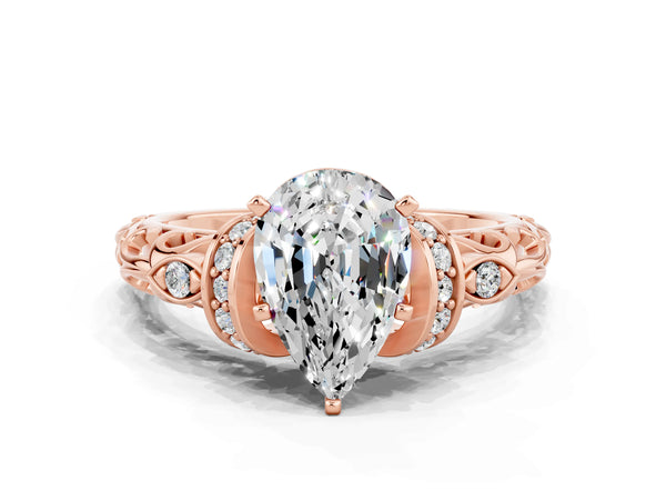 Rose gold Pear Cut Moissanite Solitaire Ring with Filigree Band and Four-Prong Setting