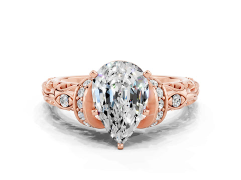Rose gold Pear Cut Moissanite Solitaire Ring with Filigree Band and Four-Prong Setting_24