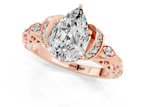 Rose gold Pear Cut Moissanite Solitaire Ring with Filigree Band and Four-Prong Setting