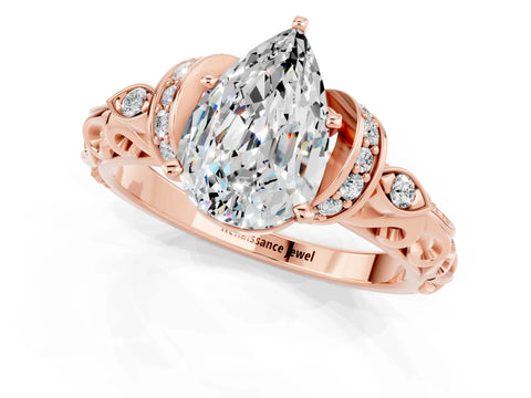 Rose gold Pear Cut Moissanite Solitaire Ring with Filigree Band and Four-Prong Setting_25
