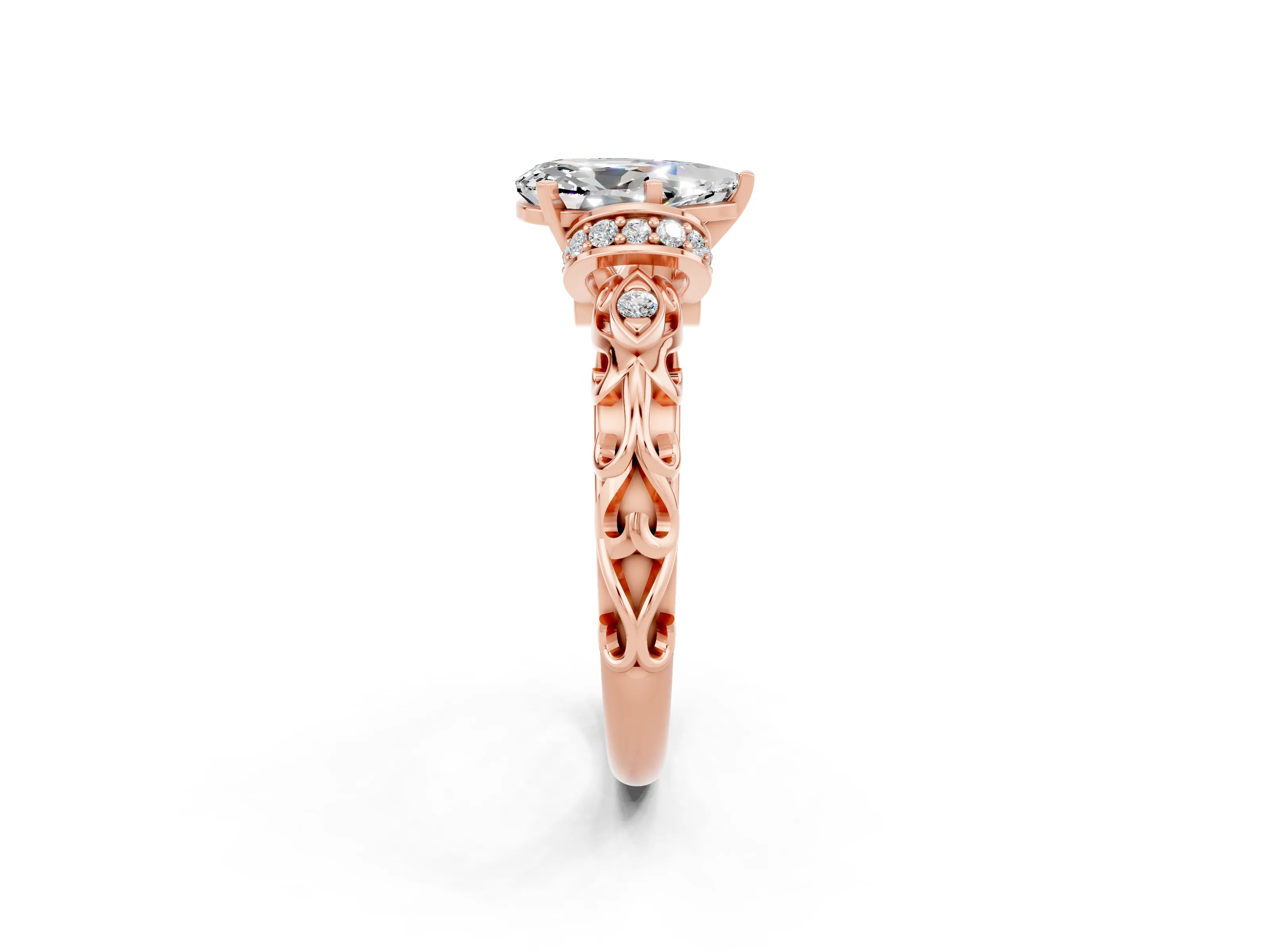 Rose gold Pear Cut Moissanite Solitaire Ring with Filigree Band and Four-Prong Setting_26