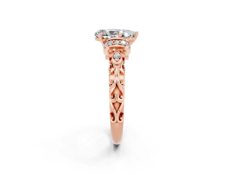 Rose gold Pear Cut Moissanite Solitaire Ring with Filigree Band and Four-Prong Setting_26