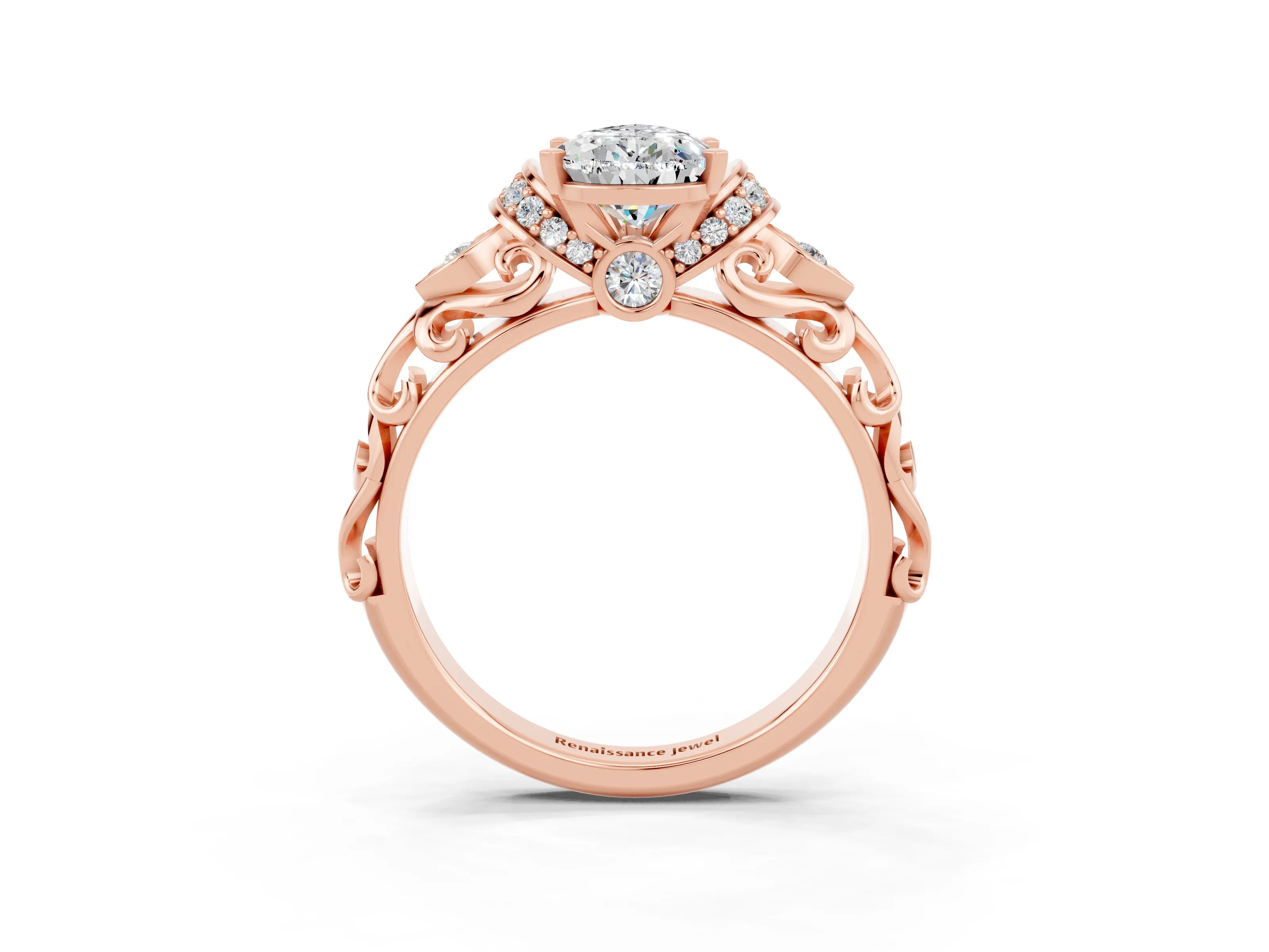 Rose gold Pear Cut Moissanite Solitaire Ring with Filigree Band and Four-Prong Setting_27