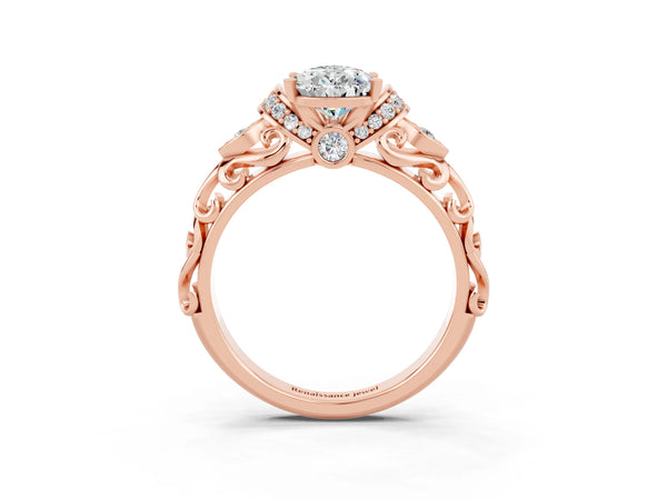Rose gold Pear Cut Moissanite Solitaire Ring with Filigree Band and Four-Prong Setting