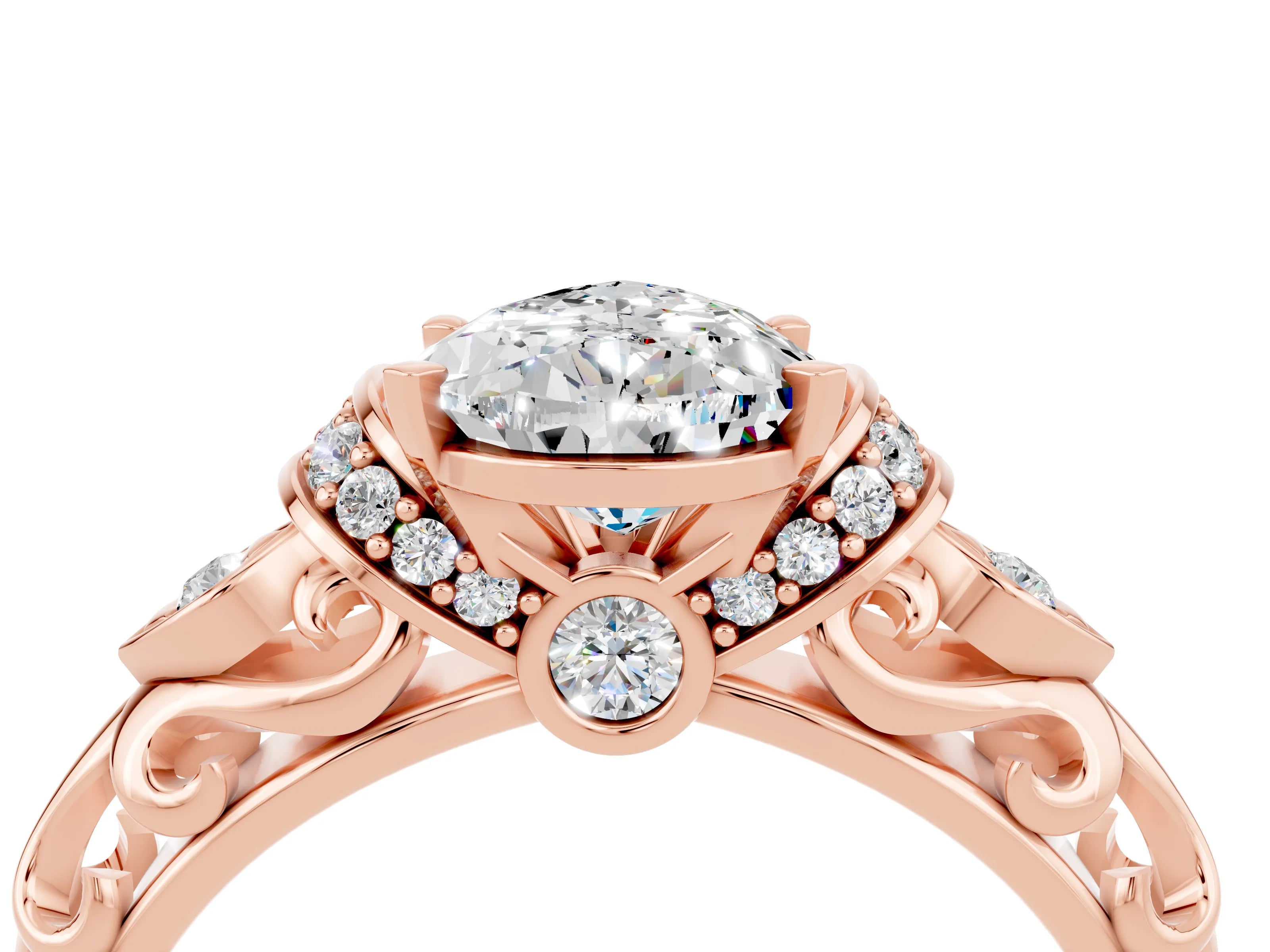 Rose gold Pear Cut Moissanite Solitaire Ring with Filigree Band and Four-Prong Setting_28