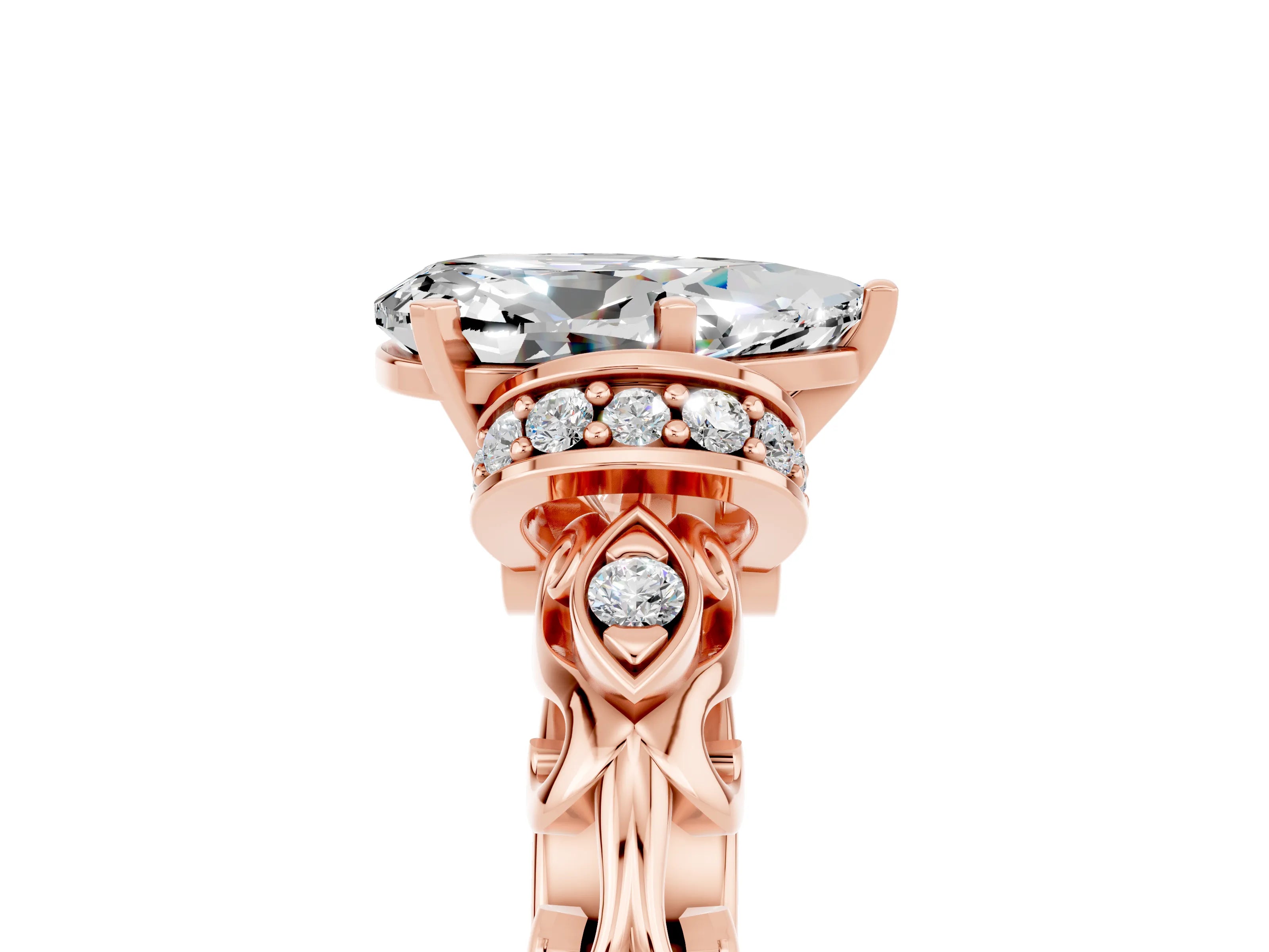Rose gold Pear Cut Moissanite Solitaire Ring with Filigree Band and Four-Prong Setting_29