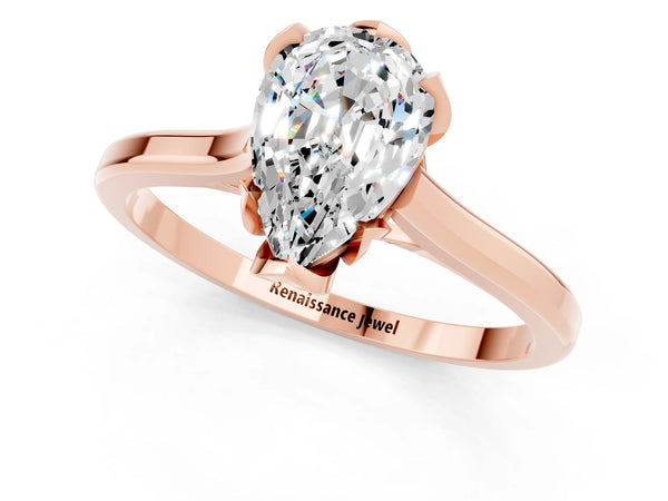 Rose gold Pear Cut Moissanite Solitaire Ring with Flower Prong Setting and Classic Band