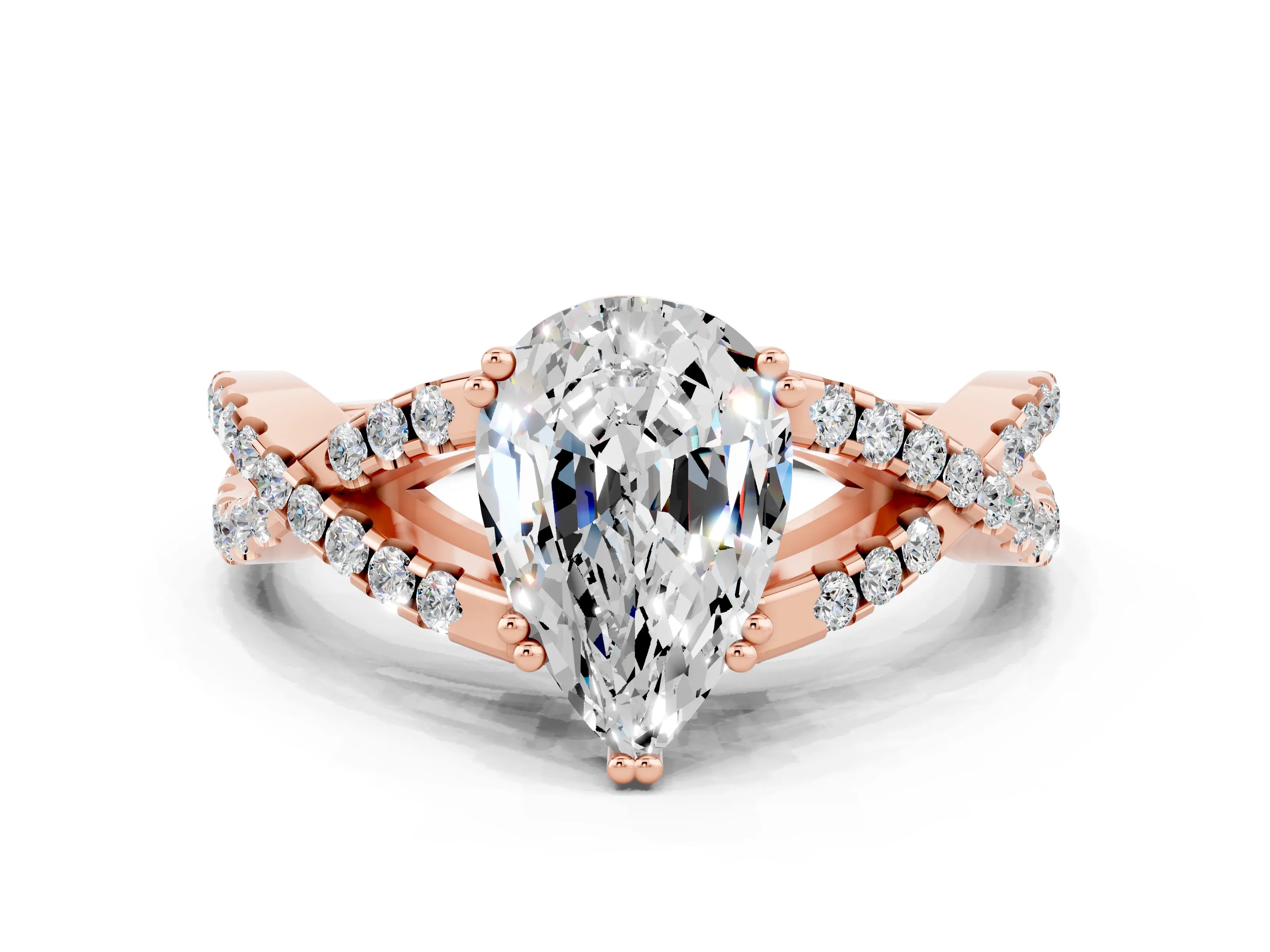 Rose gold Pear Cut Moissanite Solitaire Ring with Four-Prong Setting and Twisted Pavé Band