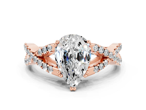 Rose gold Pear Cut Moissanite Solitaire Ring with Four-Prong Setting and Twisted Pavé Band