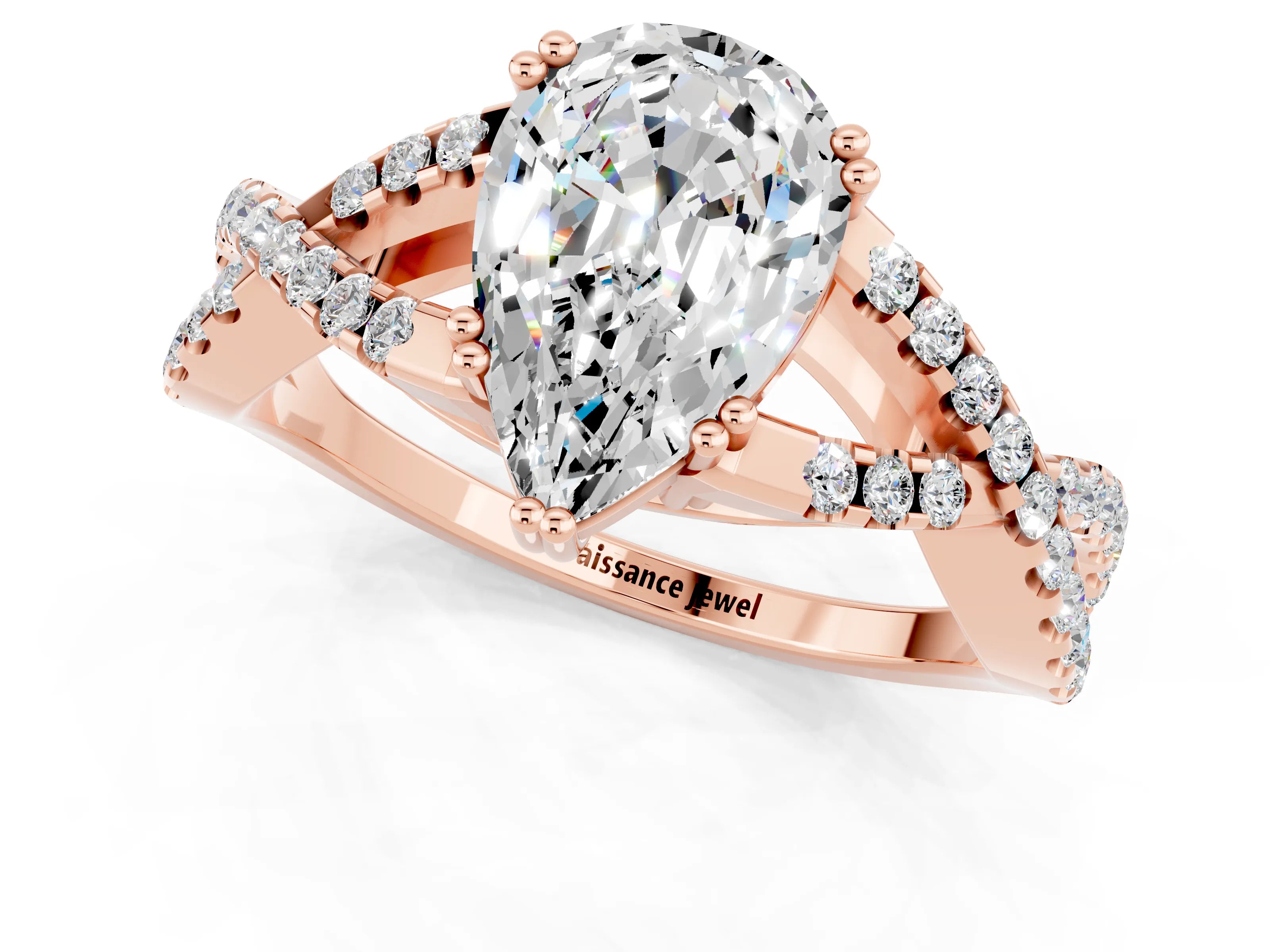 Rose gold Pear Cut Moissanite Solitaire Ring with Four-Prong Setting and Twisted Pavé Band_1