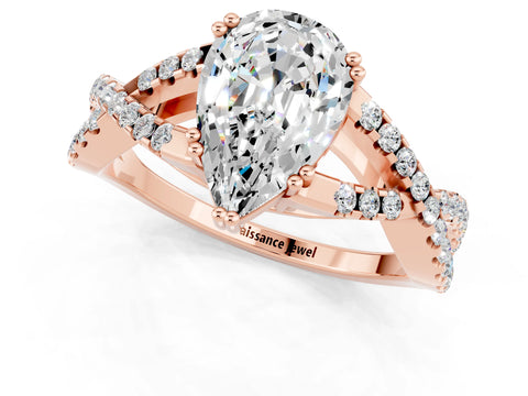 Rose gold Pear Cut Moissanite Solitaire Ring with Four-Prong Setting and Twisted Pavé Band_1