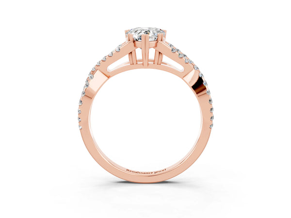 Rose gold Pear Cut Moissanite Solitaire Ring with Four-Prong Setting and Twisted Pavé Band