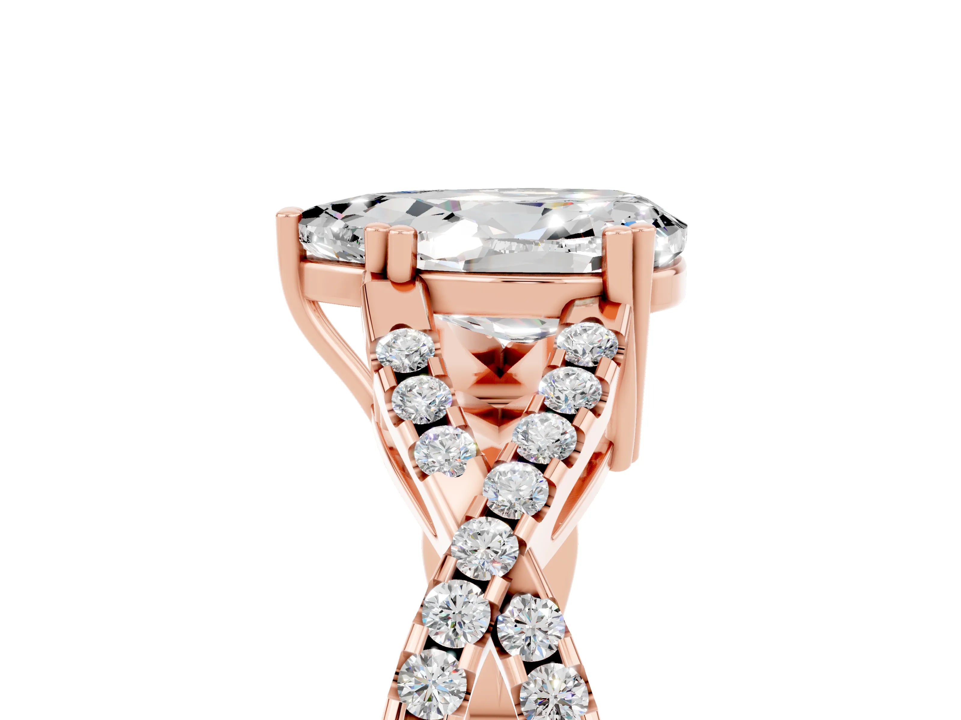 Rose gold Pear Cut Moissanite Solitaire Ring with Four-Prong Setting and Twisted Pavé Band_5