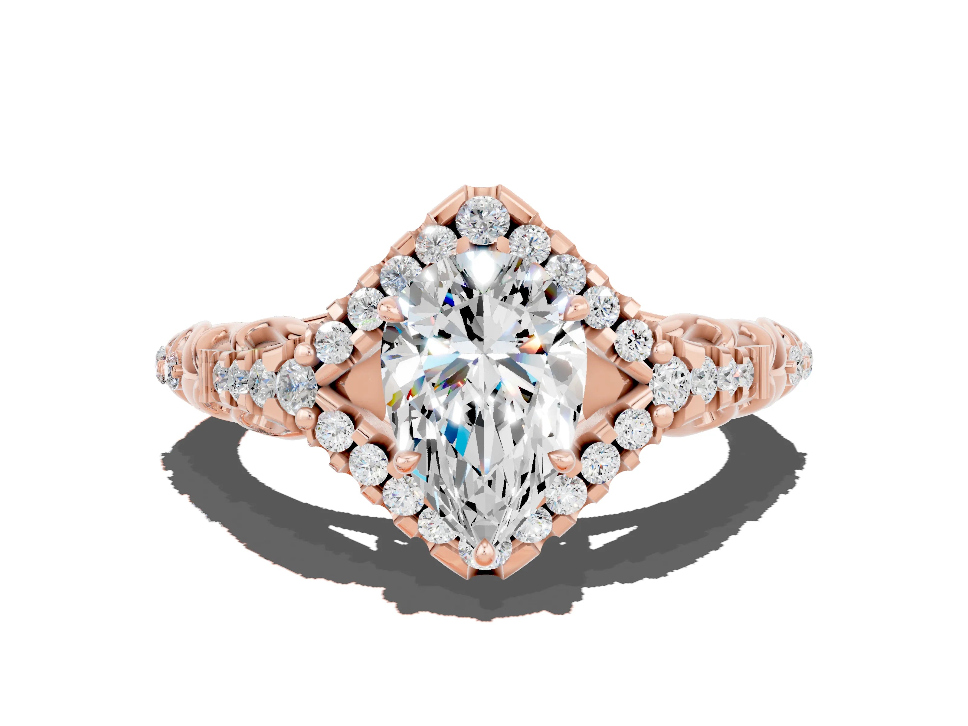 Rose gold Pear Cut Moissanite Solitaire Ring with Hidden Halo and Pavé Band_12