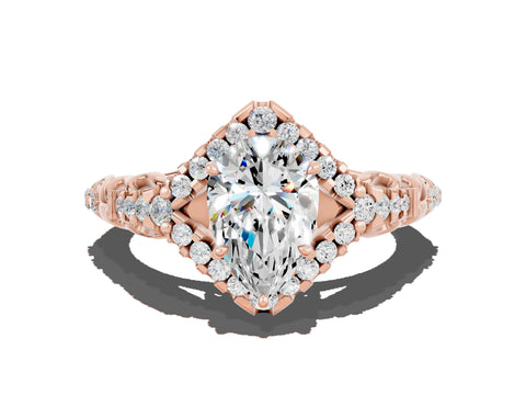 Rose gold Pear Cut Moissanite Solitaire Ring with Hidden Halo and Pavé Band_12