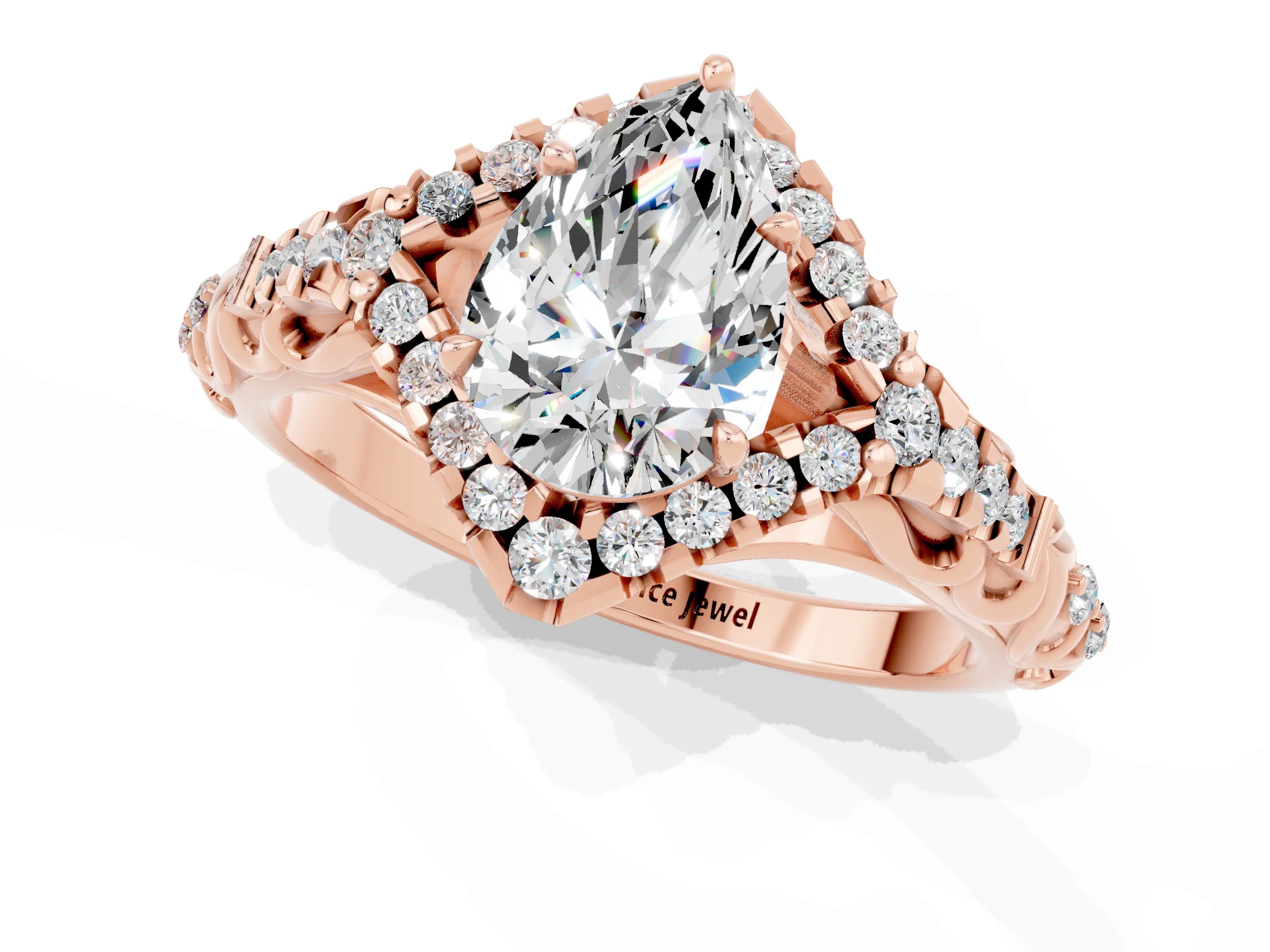 Rose gold Pear Cut Moissanite Solitaire Ring with Hidden Halo and Pavé Band_13