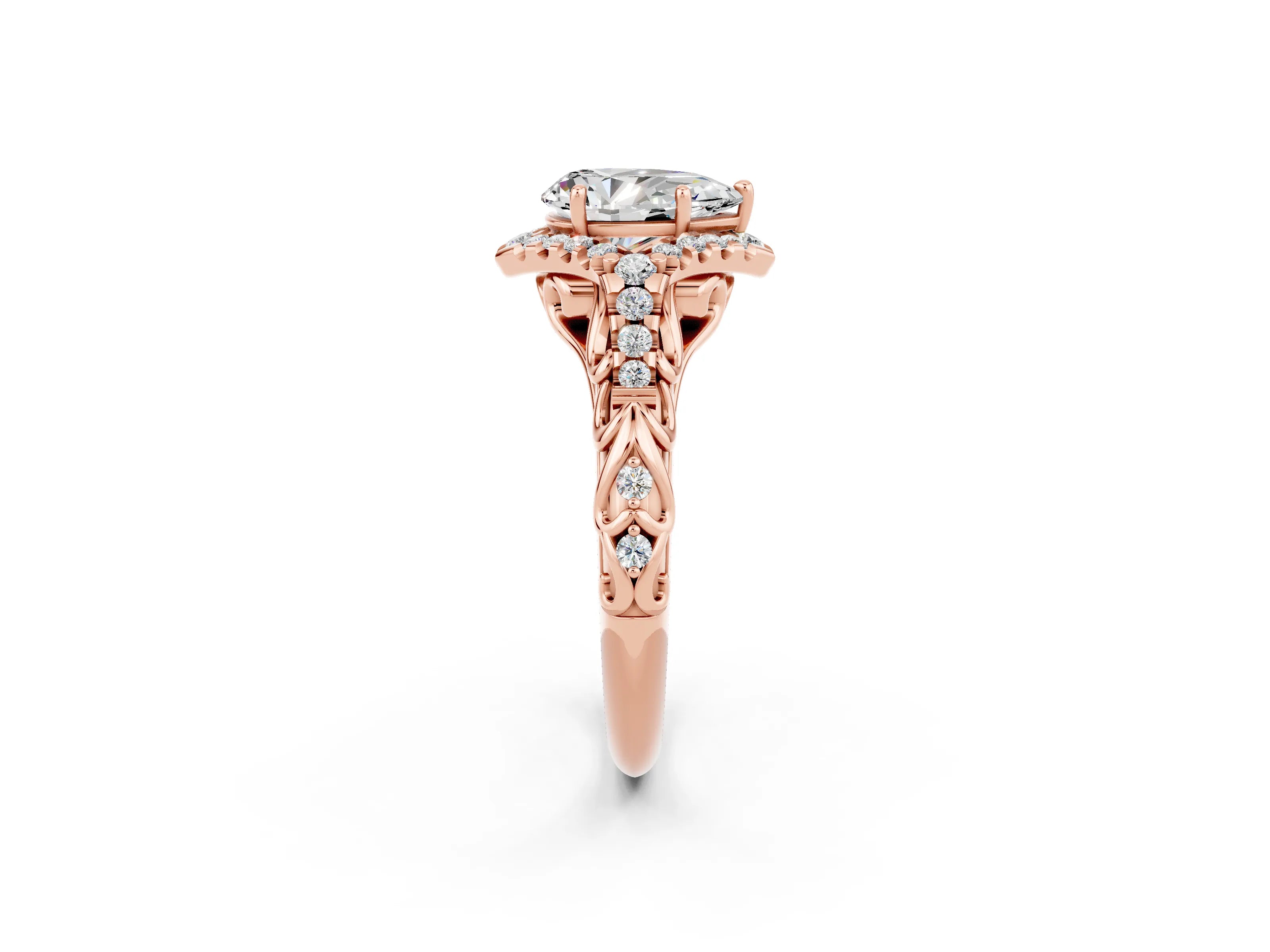 Rose gold Pear Cut Moissanite Solitaire Ring with Hidden Halo and Pavé Band_14