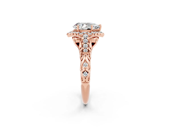 Rose gold Pear Cut Moissanite Solitaire Ring with Hidden Halo and Pavé Band