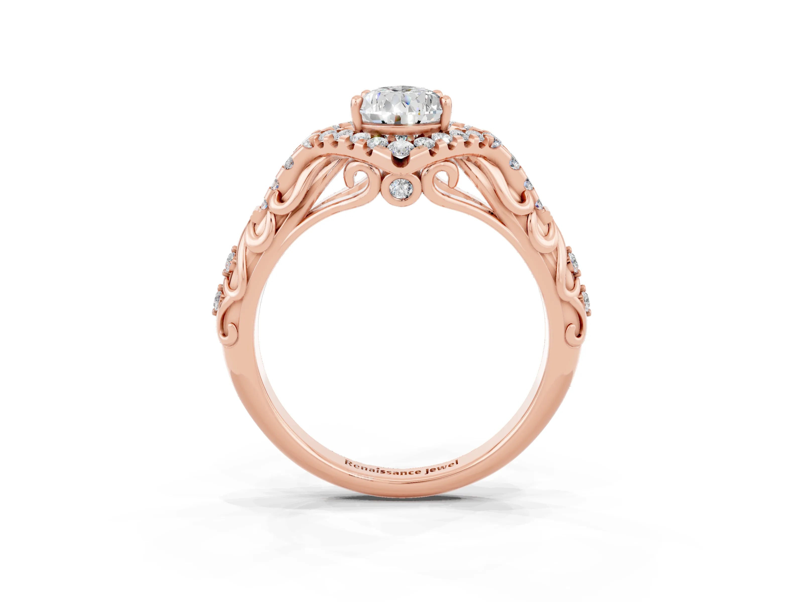 Rose gold Pear Cut Moissanite Solitaire Ring with Hidden Halo and Pavé Band_15