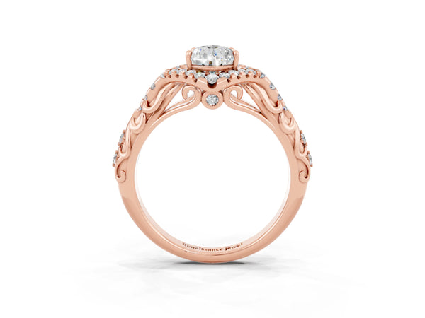 Rose gold Pear Cut Moissanite Solitaire Ring with Hidden Halo and Pavé Band