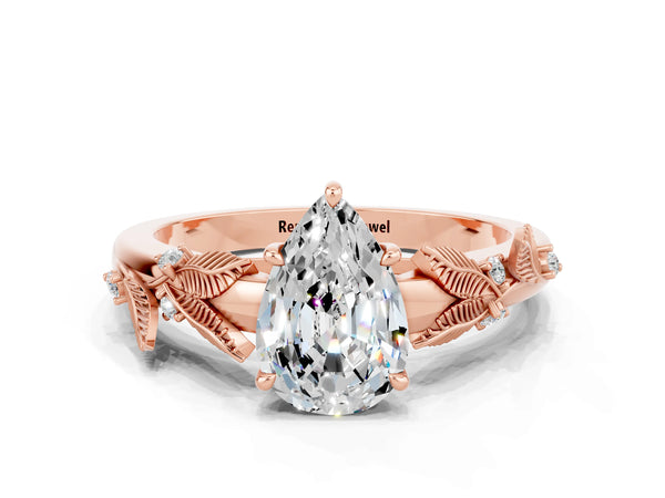 Rose gold Pear Cut Moissanite Solitaire Ring with Leaf Motif Band and Four-Prong Setting