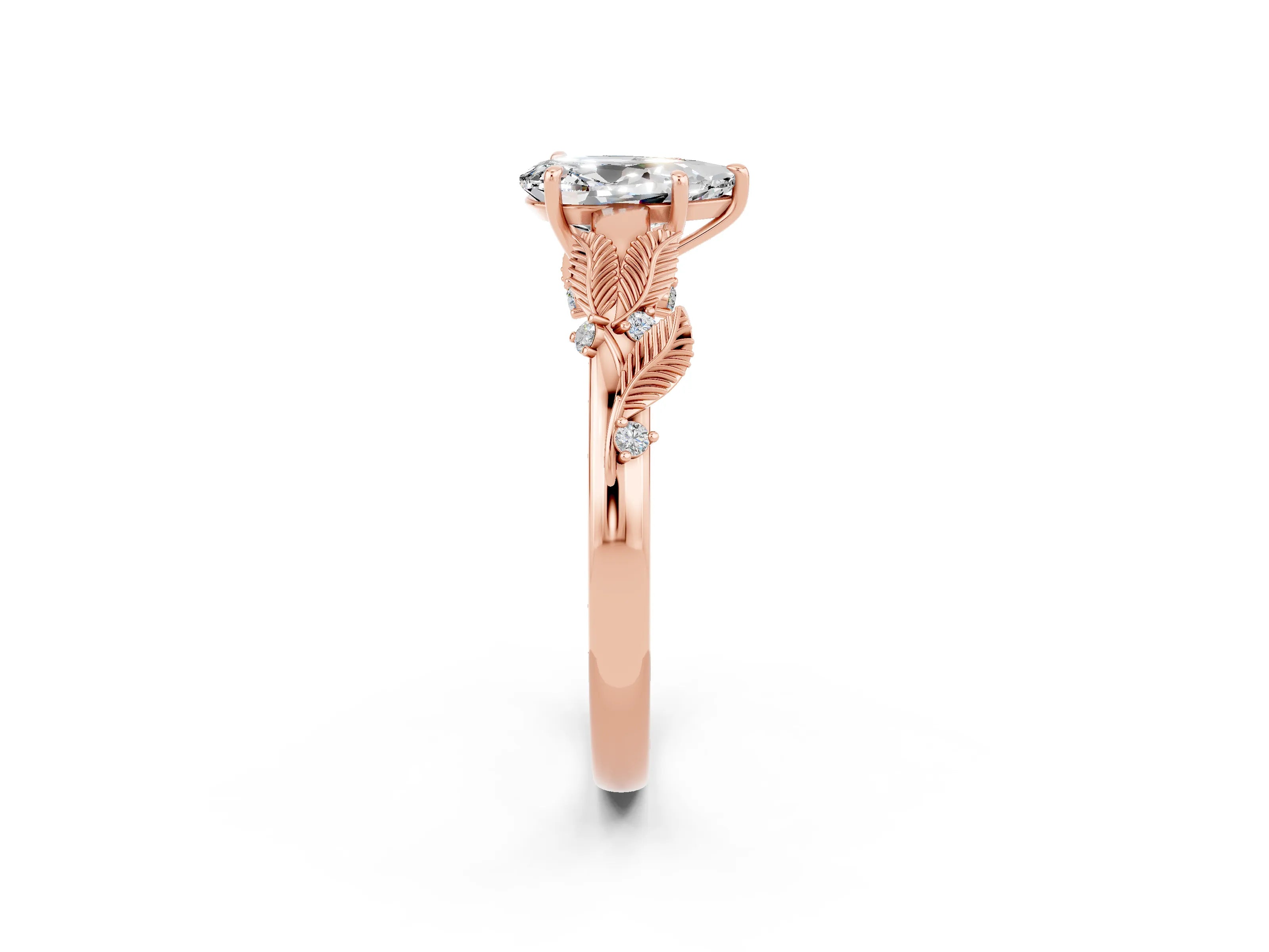 Rose gold Pear Cut Moissanite Solitaire Ring with Leaf Motif Band and Four-Prong Setting_2