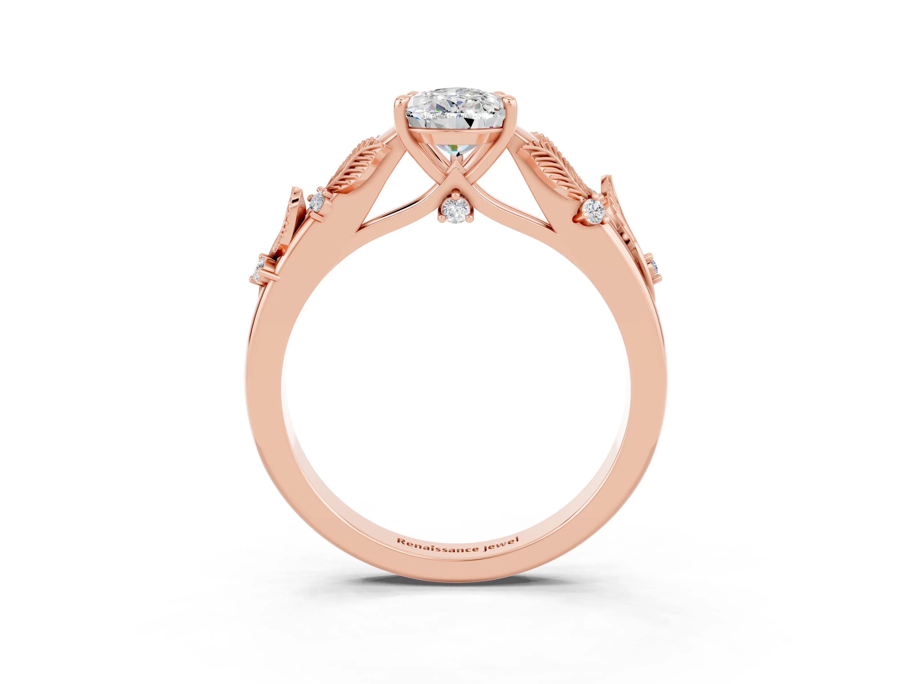 Rose gold Pear Cut Moissanite Solitaire Ring with Leaf Motif Band and Four-Prong Setting_3