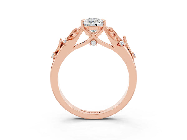 Rose gold Pear Cut Moissanite Solitaire Ring with Leaf Motif Band and Four-Prong Setting