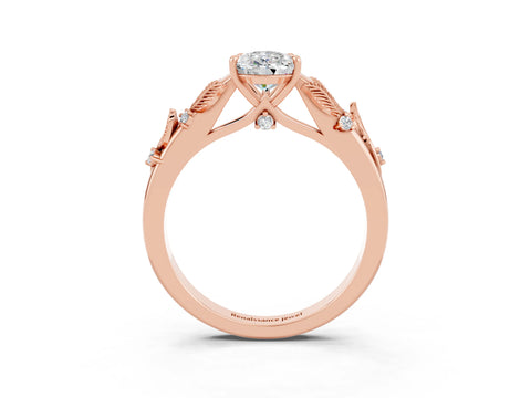 Rose gold Pear Cut Moissanite Solitaire Ring with Leaf Motif Band and Four-Prong Setting_3